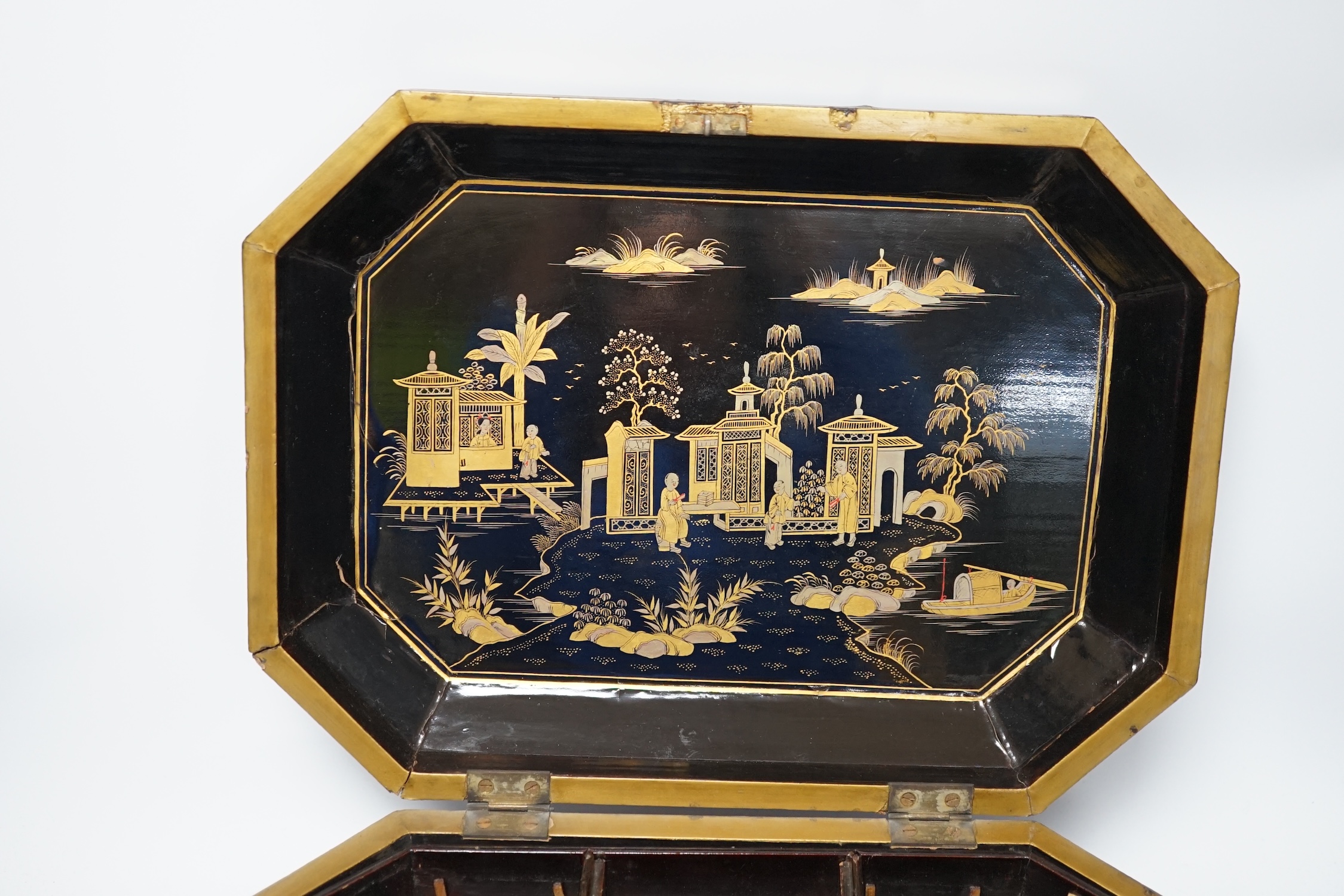 A mid 19th century Chinese export gilt decorated black lacquer work box and a George III mahogany tea caddy